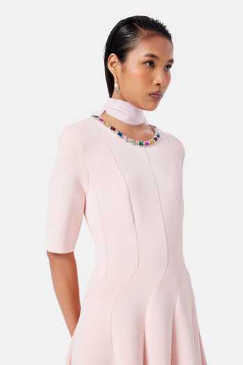 NOTEBOOK_Pink Neoprene Round Neck Lucia Sculpted Dress _Online_at_Aza_Fashions