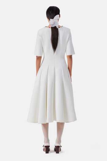 Shop_NOTEBOOK_White Neoprene Round Neck Lucia Neckline Embellished Dress _at_Aza_Fashions