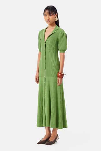 NOTEBOOK_Green Polyester V-, Collared Ember Pleated Dress _Online_at_Aza_Fashions