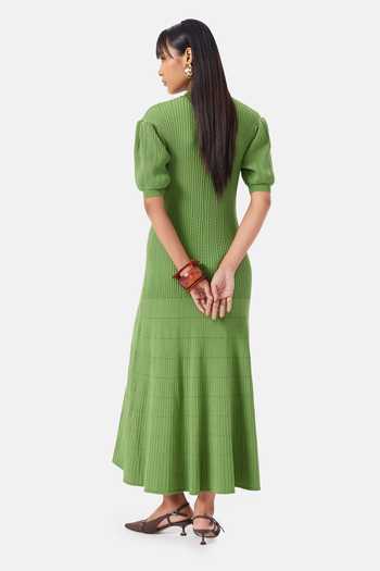 Shop_NOTEBOOK_Green Polyester V-, Collared Ember Pleated Dress _at_Aza_Fashions