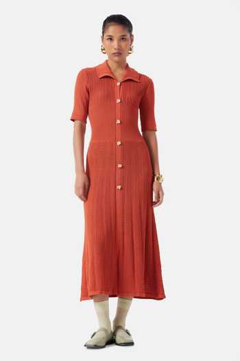 Buy_NOTEBOOK_Orange Polyester Collared Neck Natalia Pleated Dress _at_Aza_Fashions