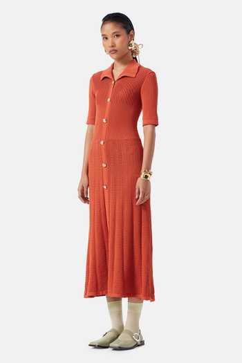 NOTEBOOK_Orange Polyester Collared Neck Natalia Pleated Dress _Online_at_Aza_Fashions
