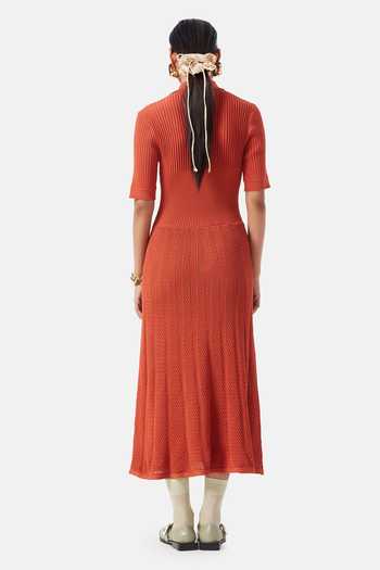 Shop_NOTEBOOK_Orange Polyester Collared Neck Natalia Pleated Dress _at_Aza_Fashions