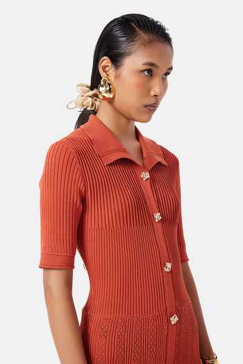 Shop_NOTEBOOK_Orange Polyester Collared Neck Natalia Pleated Dress _Online_at_Aza_Fashions