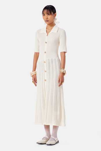 NOTEBOOK_Cream Polyester Collared Neck Natalia Pleated Dress _Online_at_Aza_Fashions