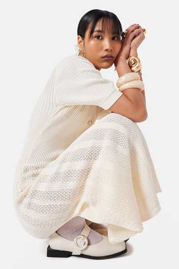 Buy_NOTEBOOK_Cream Polyester Collared Neck Natalia Pleated Dress _Online_at_Aza_Fashions