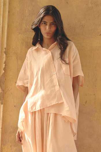 Buy_Shop Nirvanaa_Peach Linen Button-down Neck Amara Asymmetric Shirt _at_Aza_Fashions