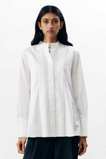 Buy_AK-OK_White Cotton Mandarin Collar Strap Detail Shirt _at_Aza_Fashions