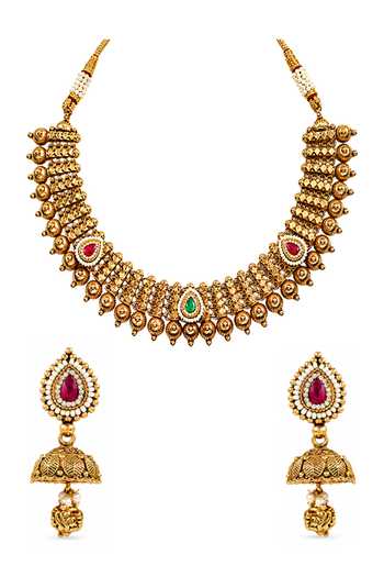 Shop_Prestones_Gold Plated Antique Temple Work Necklace Set _at_Aza_Fashions
