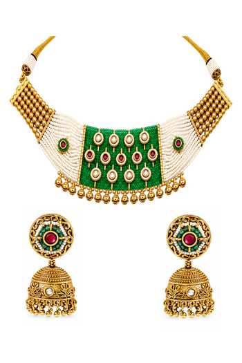 Shop_Prestones_Green Nakshi Temple Necklace Set _at_Aza_Fashions