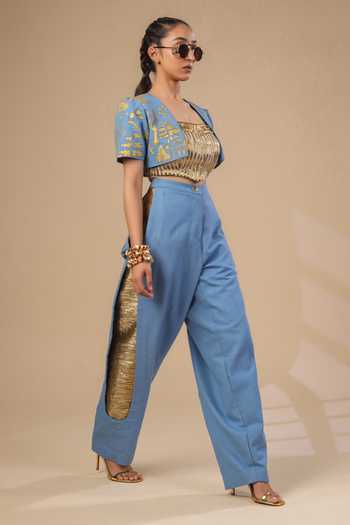 Buy_ASHNA VASWANI_Blue Denim, Silk, Jacquard, Kota Doria Open Neck Hand Painted Jacket And Pant Set _at_Aza_Fashions