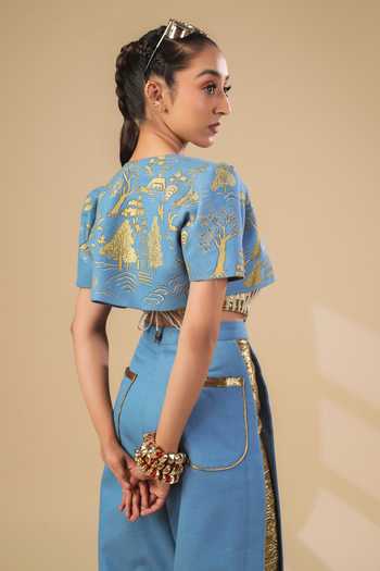ASHNA VASWANI_Blue Denim, Silk, Jacquard, Kota Doria Open Neck Hand Painted Jacket And Pant Set _at_Aza_Fashions