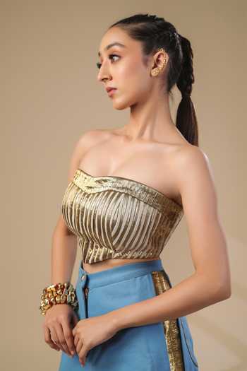 Shop_ASHNA VASWANI_Blue Denim, Silk, Jacquard, Kota Doria Open Neck Hand Painted Jacket And Pant Set 
