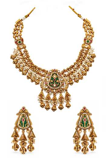 Shop_Prestones_Multi Color Kundan Embellished Pendant Necklace Set _at_Aza_Fashions