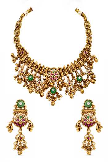 Shop_Prestones_Gold Plated Stone Embellished Necklace Set _at_Aza_Fashions