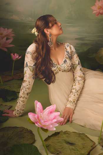 Shop_Varun Bahl_Ivory Silk, Georgette V-neck Floral Embroidered Flared Anarkali _at_Aza_Fashions