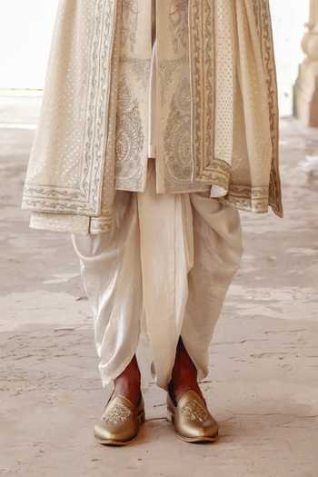AMIT BEHKI_Gold Silk, Brocade Hand Embroidered Achkan And Kurta Set _Online_at_Aza_Fashions
