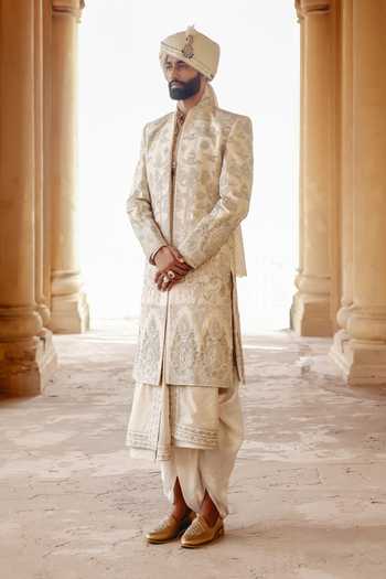 Buy_AMIT BEHKI_Gold Silk, Brocade Hand Embroidered Achkan And Kurta Set _Online_at_Aza_Fashions