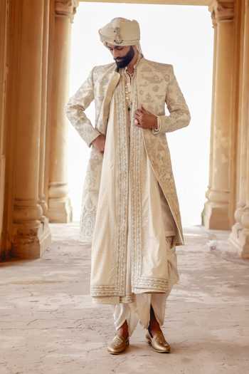 Shop_AMIT BEHKI_Gold Silk, Brocade Hand Embroidered Achkan And Kurta Set _Online_at_Aza_Fashions