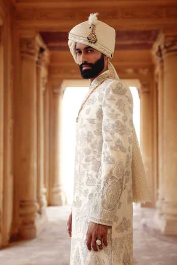 AMIT BEHKI_Gold Silk, Brocade Hand Embroidered Achkan And Kurta Set _at_Aza_Fashions