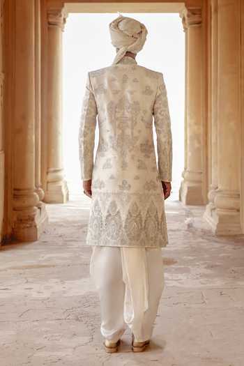 Shop_AMIT BEHKI_Gold Silk, Brocade Hand Embroidered Achkan And Kurta Set _at_Aza_Fashions
