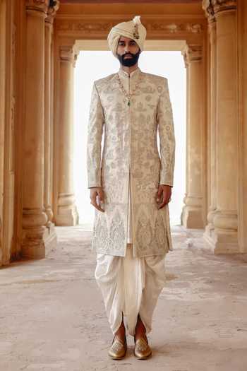 Buy_AMIT BEHKI_Gold Silk, Brocade Hand Embroidered Achkan And Kurta Set 