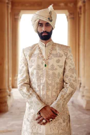 Shop_AMIT BEHKI_Gold Silk, Brocade Hand Embroidered Achkan And Kurta Set 