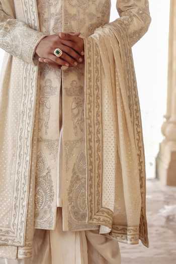 Shop_AMIT BEHKI_Ivory Hand Embroidered Raw Silk Stole _at_Aza_Fashions