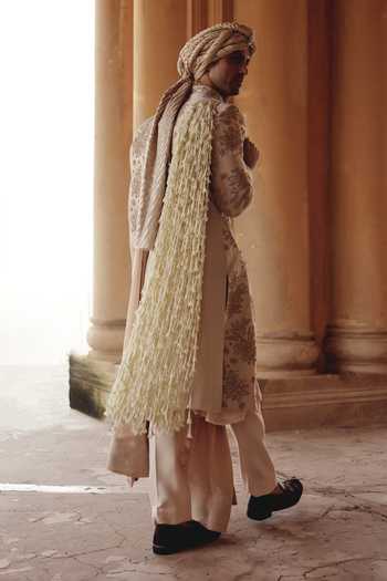 AMIT BEHKI_Ivory Silk, Polyester Hand Embroidered Achkan Set With Stole _Online_at_Aza_Fashions