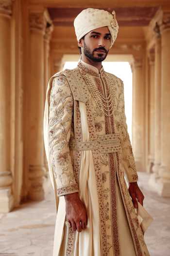 Shop_AMIT BEHKI_Ivory Silk, Polyester Hand Embroidered Achkan Set With Stole _Online_at_Aza_Fashions