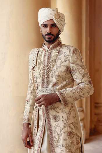 AMIT BEHKI_Ivory Silk, Polyester Hand Embroidered Achkan Set With Stole _at_Aza_Fashions