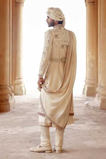 Shop_AMIT BEHKI_Ivory Hand Embroidered Raw Silk Stole _at_Aza_Fashions