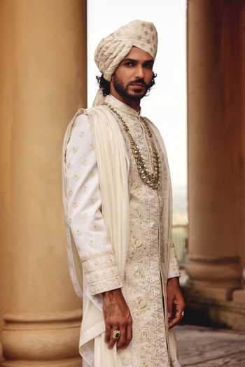 AMIT BEHKI_Ivory Silk, Polyester Hand Embroidered Raw Achkan Set _Online_at_Aza_Fashions