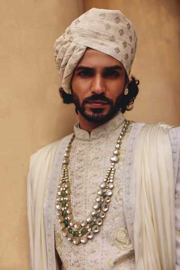 Shop_AMIT BEHKI_Ivory Silk, Polyester Hand Embroidered Raw Achkan Set _Online_at_Aza_Fashions