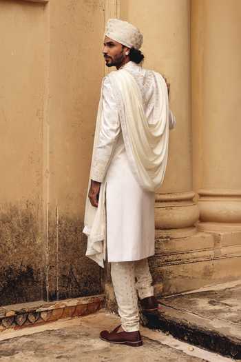 Shop_AMIT BEHKI_Ivory Silk, Polyester Hand Embroidered Raw Achkan Set _at_Aza_Fashions