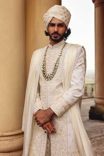 AMIT BEHKI_Ivory Hand Embroidered Stole _Online_at_Aza_Fashions