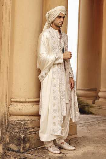 AMIT BEHKI_Ivory Silk Raw Achkan Set _Online_at_Aza_Fashions