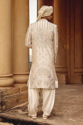 Shop_AMIT BEHKI_Ivory Silk Raw Achkan Set _at_Aza_Fashions