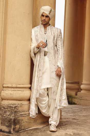 Buy_AMIT BEHKI_Ivory Silk Raw Achkan Set _Online_at_Aza_Fashions