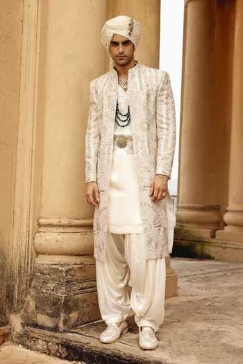 Buy_AMIT BEHKI_Ivory Silk Raw Achkan Set _at_Aza_Fashions