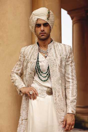 Shop_AMIT BEHKI_Ivory Silk Raw Achkan Set _Online_at_Aza_Fashions