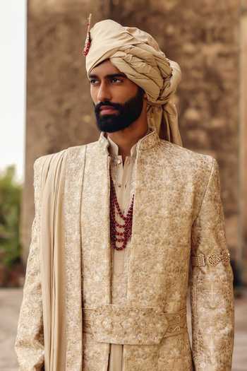 AMIT BEHKI_Beige Silk, Polyester Hand Embroidery Raw Achkan Set With Stole _at_Aza_Fashions