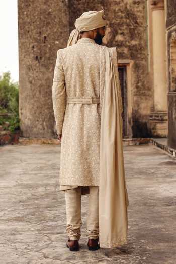 Shop_AMIT BEHKI_Beige Hand Embroidery Silk Stole _at_Aza_Fashions