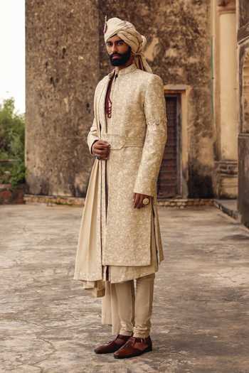 AMIT BEHKI_Beige Hand Embroidery Silk Stole _Online_at_Aza_Fashions