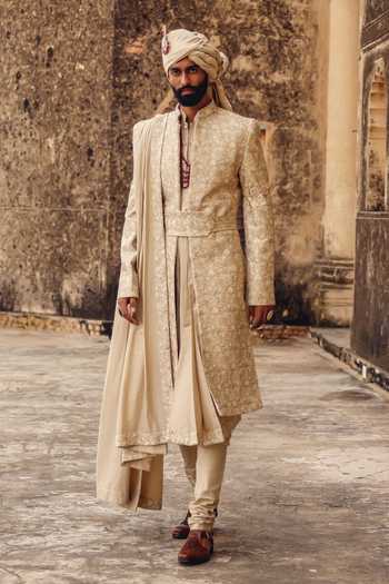 Buy_AMIT BEHKI_Beige Hand Embroidery Silk Stole _Online_at_Aza_Fashions