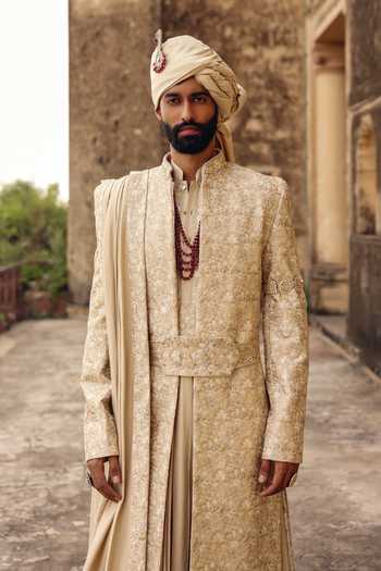 Shop_AMIT BEHKI_Beige Hand Embroidery Silk Stole _Online_at_Aza_Fashions