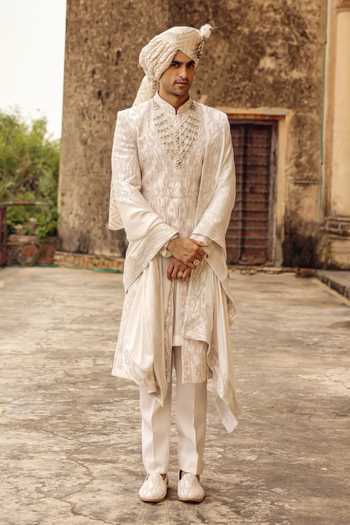 AMIT BEHKI_Ivory Silk Hand Embroidery Raw Achkan Set _Online_at_Aza_Fashions