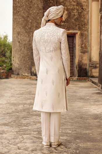Shop_AMIT BEHKI_Ivory Silk Hand Embroidery Raw Achkan Set _at_Aza_Fashions