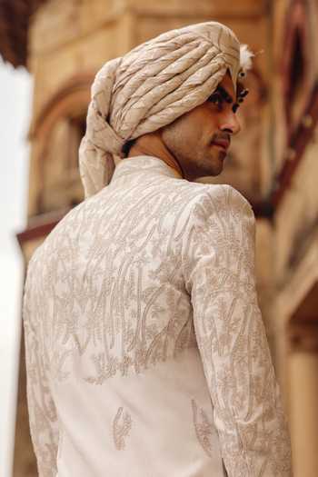 Buy_AMIT BEHKI_Ivory Silk Hand Embroidery Raw Achkan Set _Online_at_Aza_Fashions