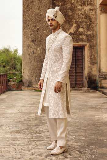 AMIT BEHKI_Ivory Silk Hand Embroidery Raw Achkan Set _at_Aza_Fashions